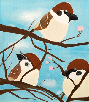 「春の訪れとスズメたち」墨谷 綾奏